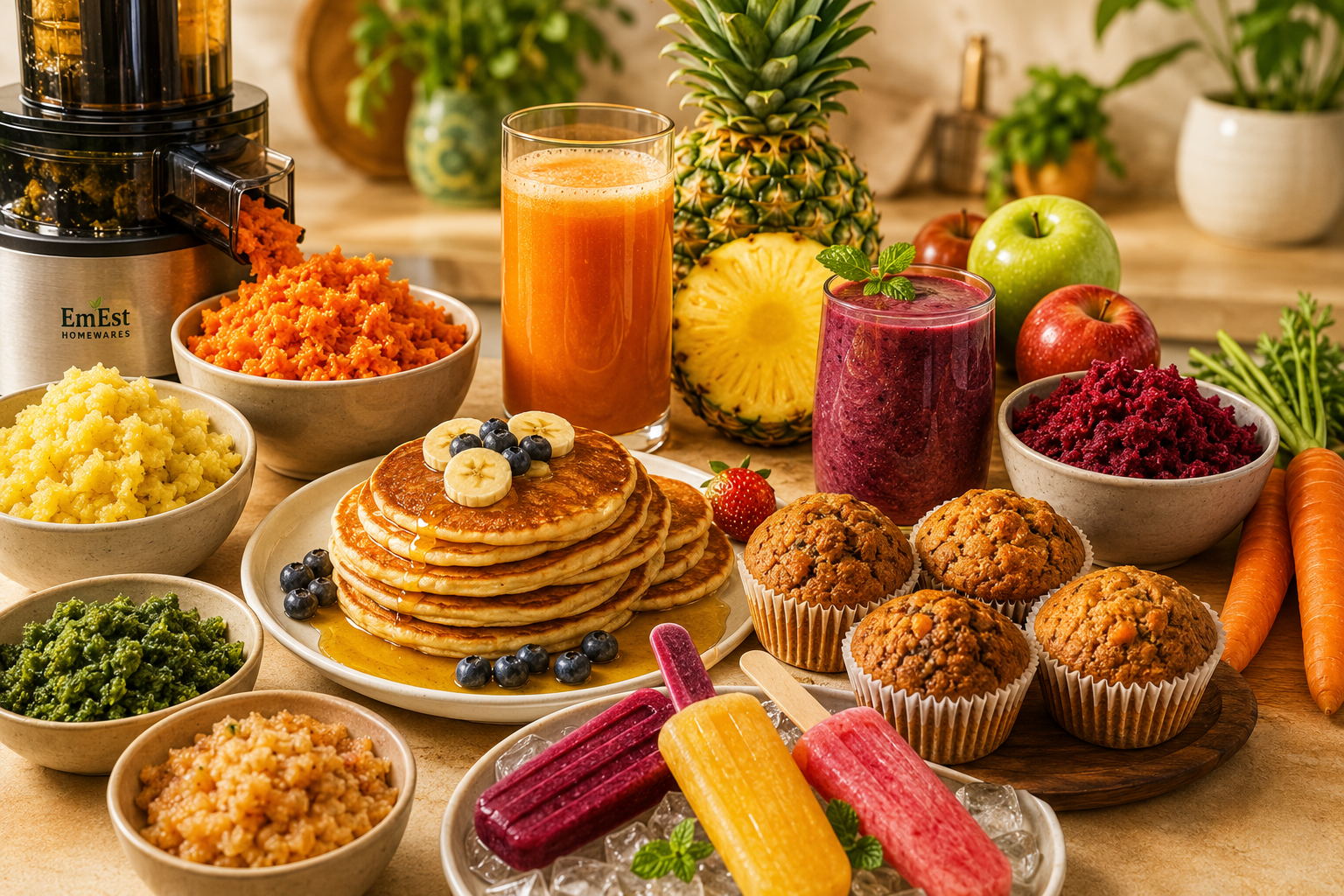 Colourful juice pulp, fresh fruit, pancakes, muffins and smoothies in a bright kitchen