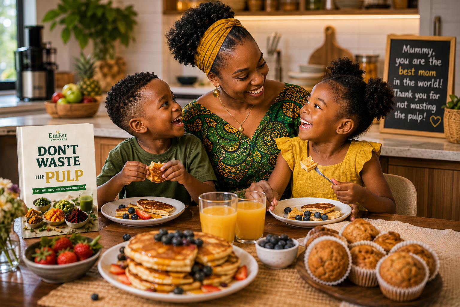 Excited kids eating pancakes made from leftover juice pulp with their mom