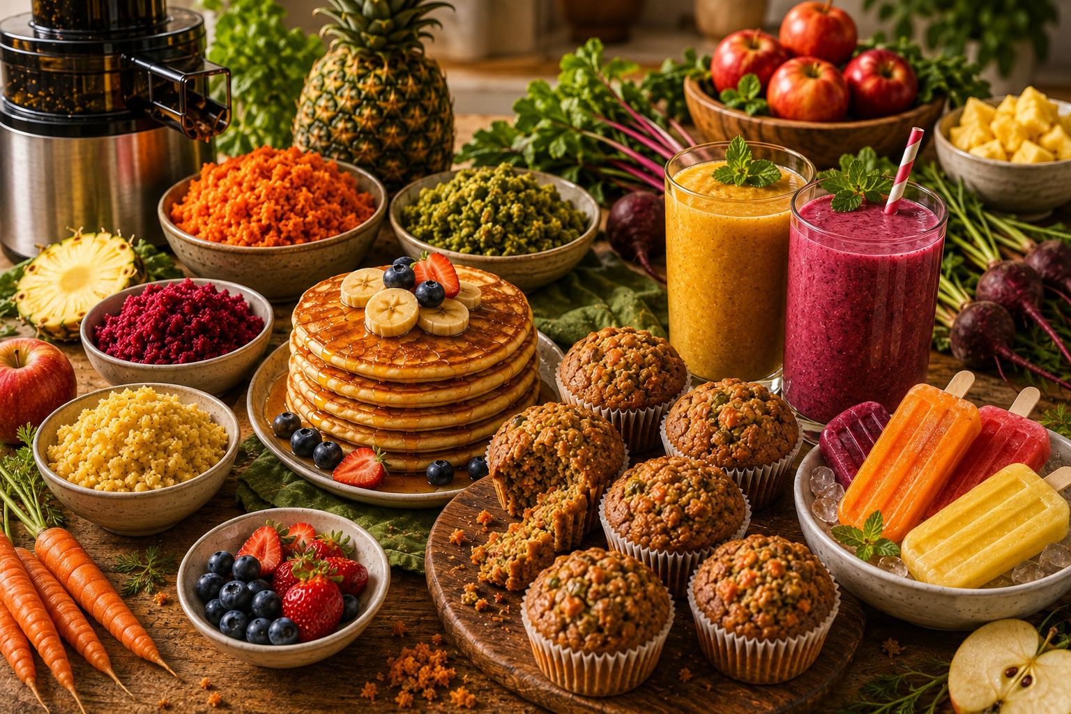 Pulp pancakes, muffins and smoothies made from leftover juice pulp